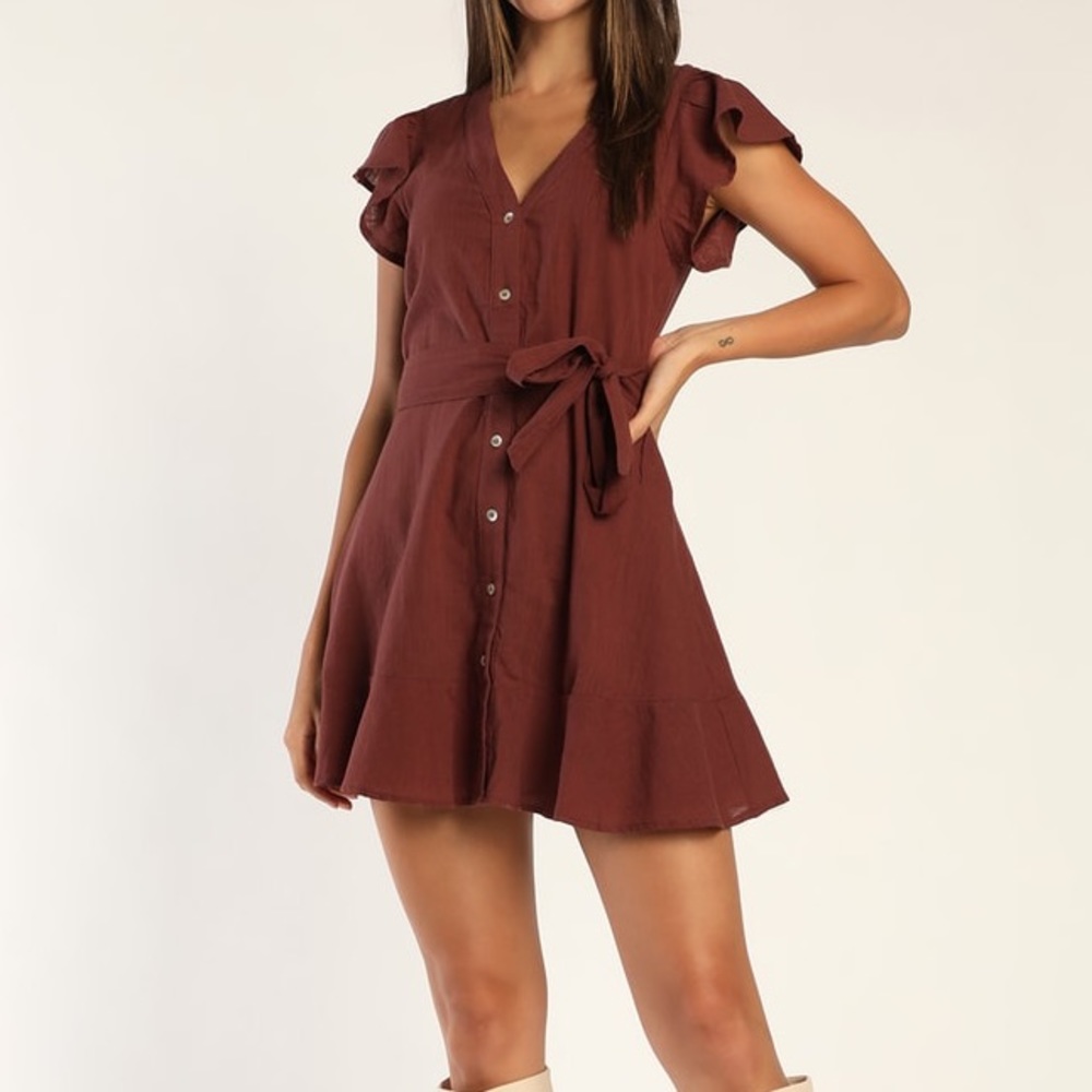 Lulu’s Daytime Dreamer Brown Button-Up Mini Dress rust brown. Medium (large)